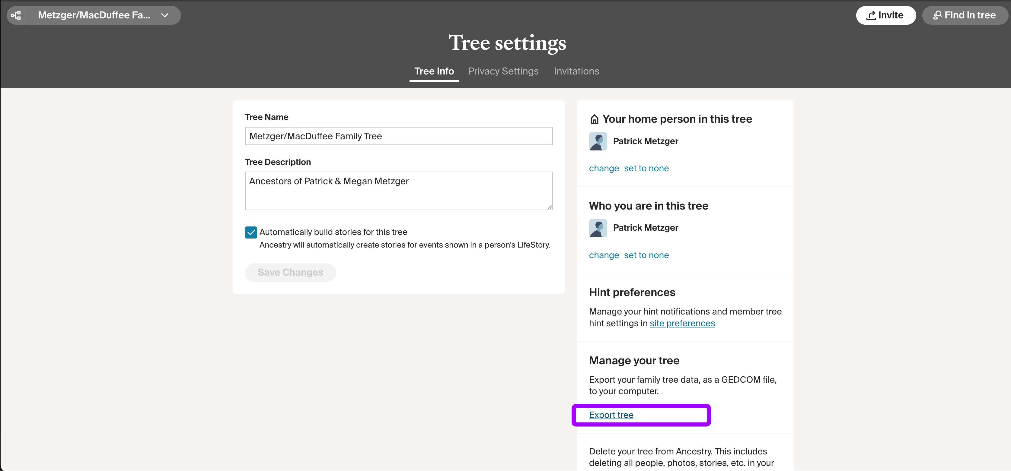 Ancestry Tree Settings page showing the Export tree link highlighted