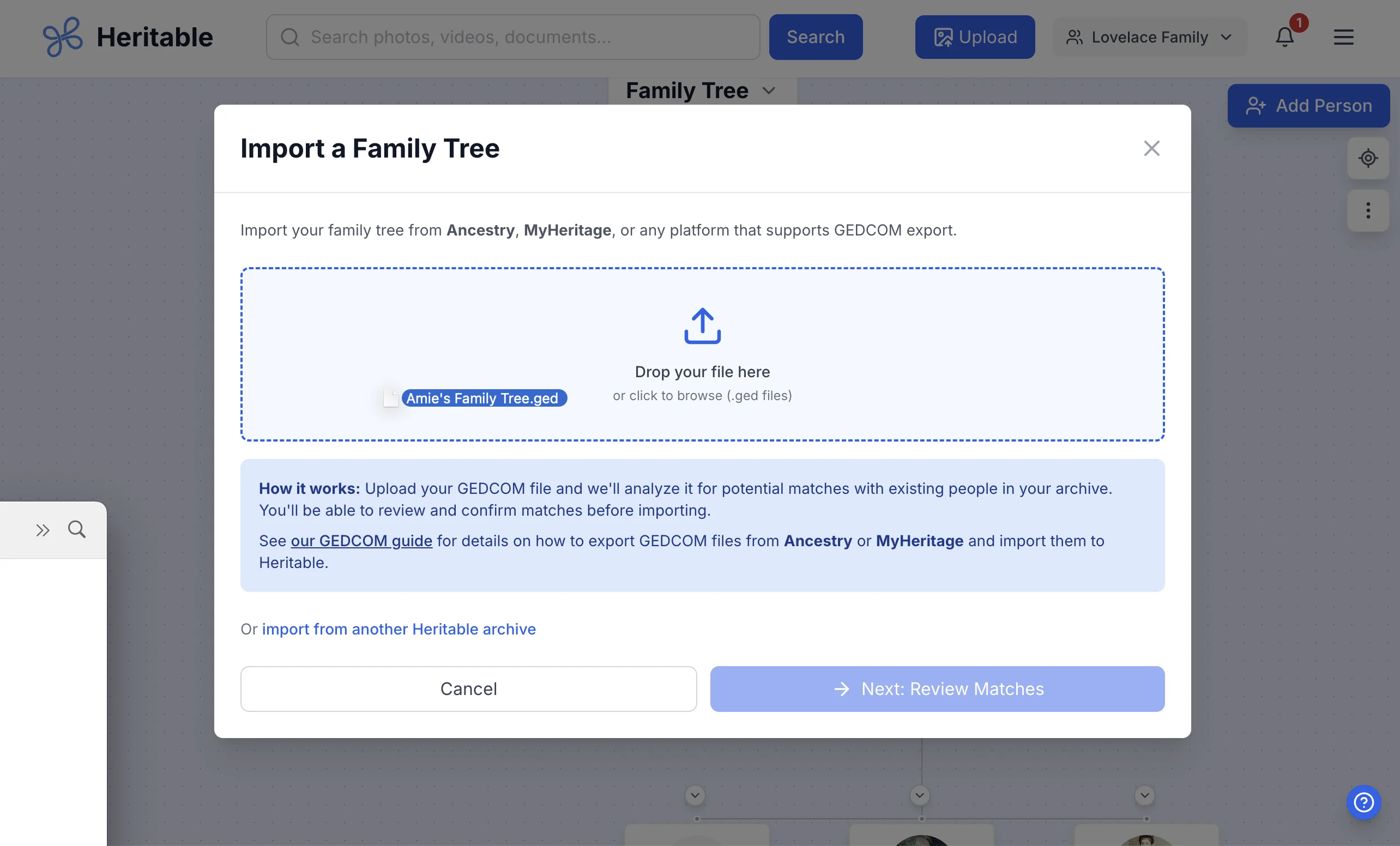 Heritable Import a Family Tree dialog showing the file upload area with a .ged file