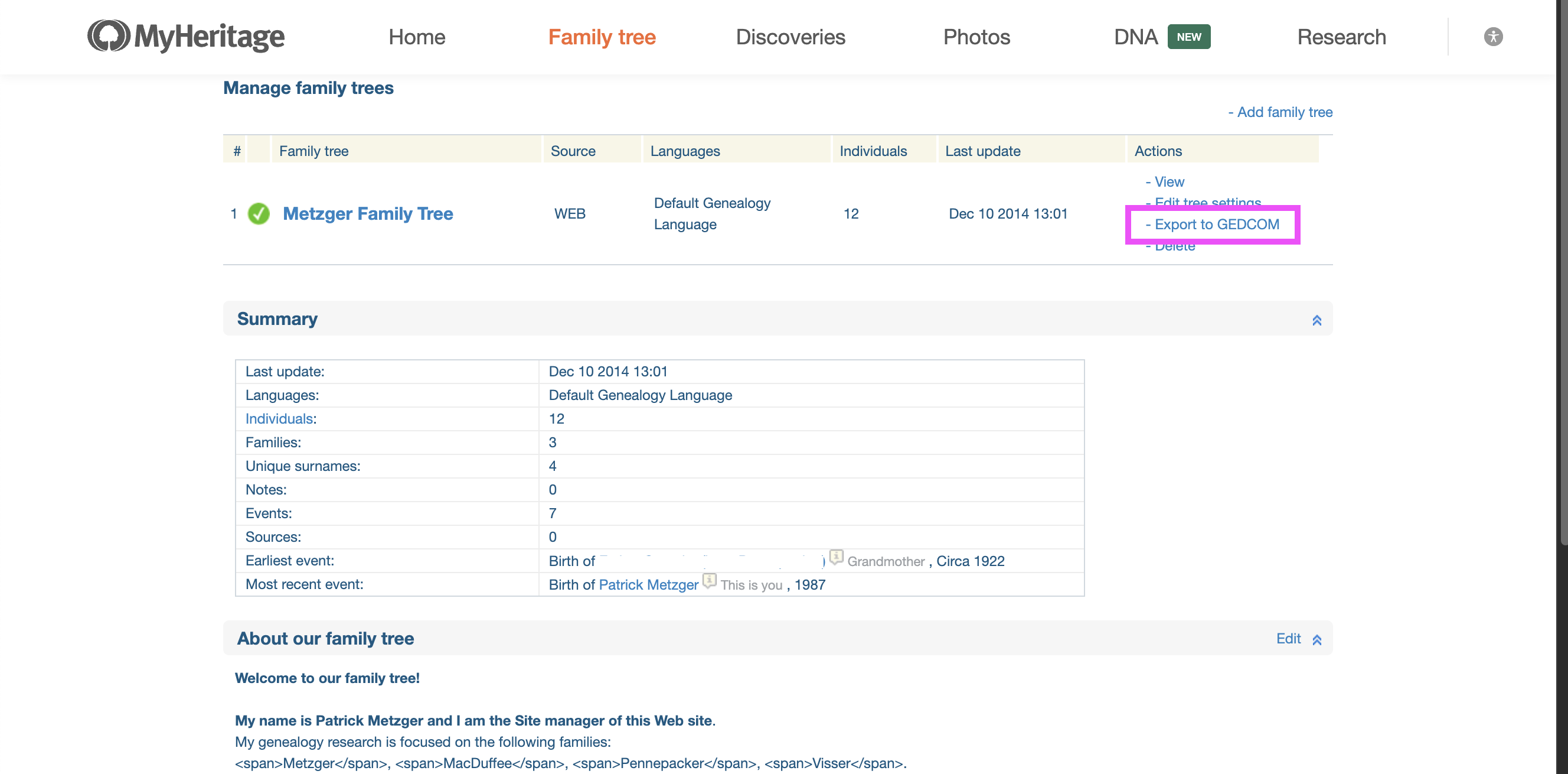 MyHeritage Manage family trees page with Export to GEDCOM highlighted