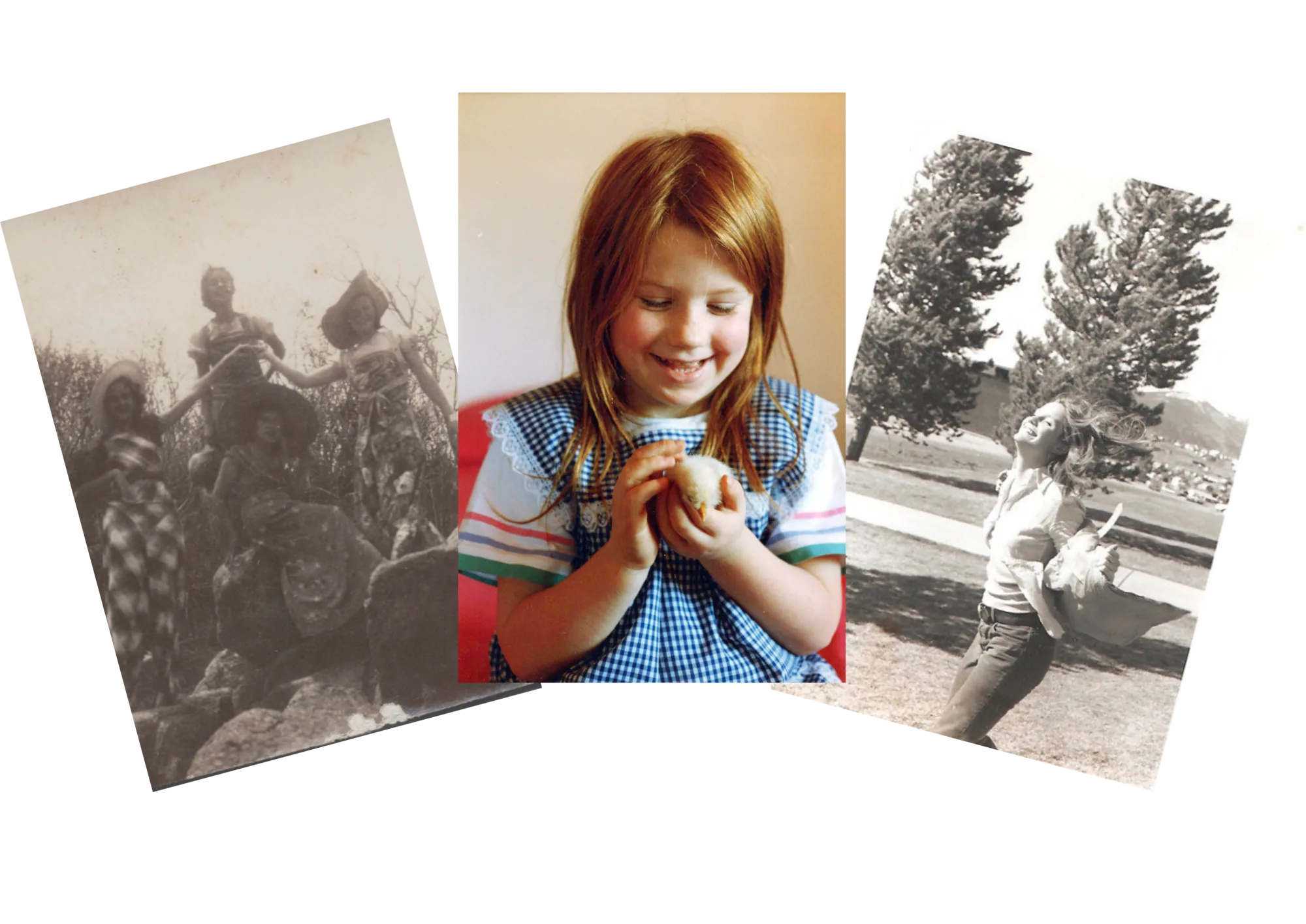 Three family photos from different eras fanned out — a vintage black-and-white group portrait, a girl holding a baby chick, and a child playing outside